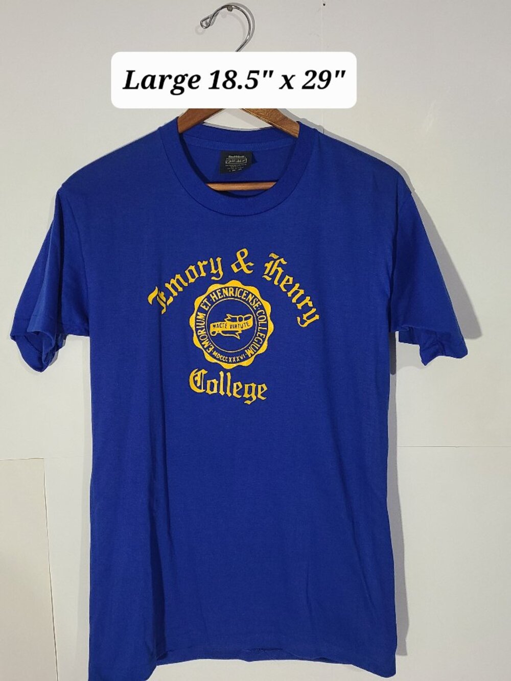 Vtg 80s Emory & Henry College Blue Large Healthknit T-Shirt Made in USA EUC
